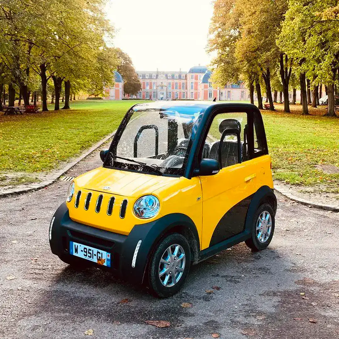 JIAYUAN City Fun jaune – voiture sans permis électrique – sous les arbres en automne