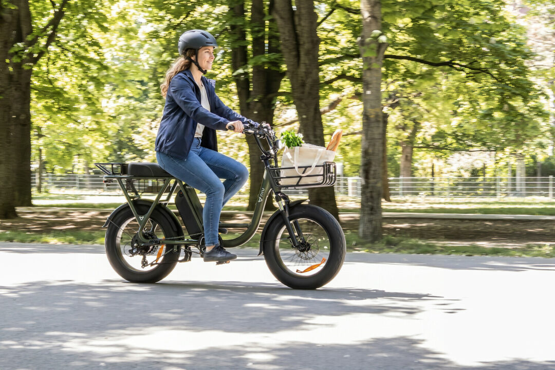 Vélo cargo électrique NIU BQi Utility 200 avec panier avant chargé, en ville