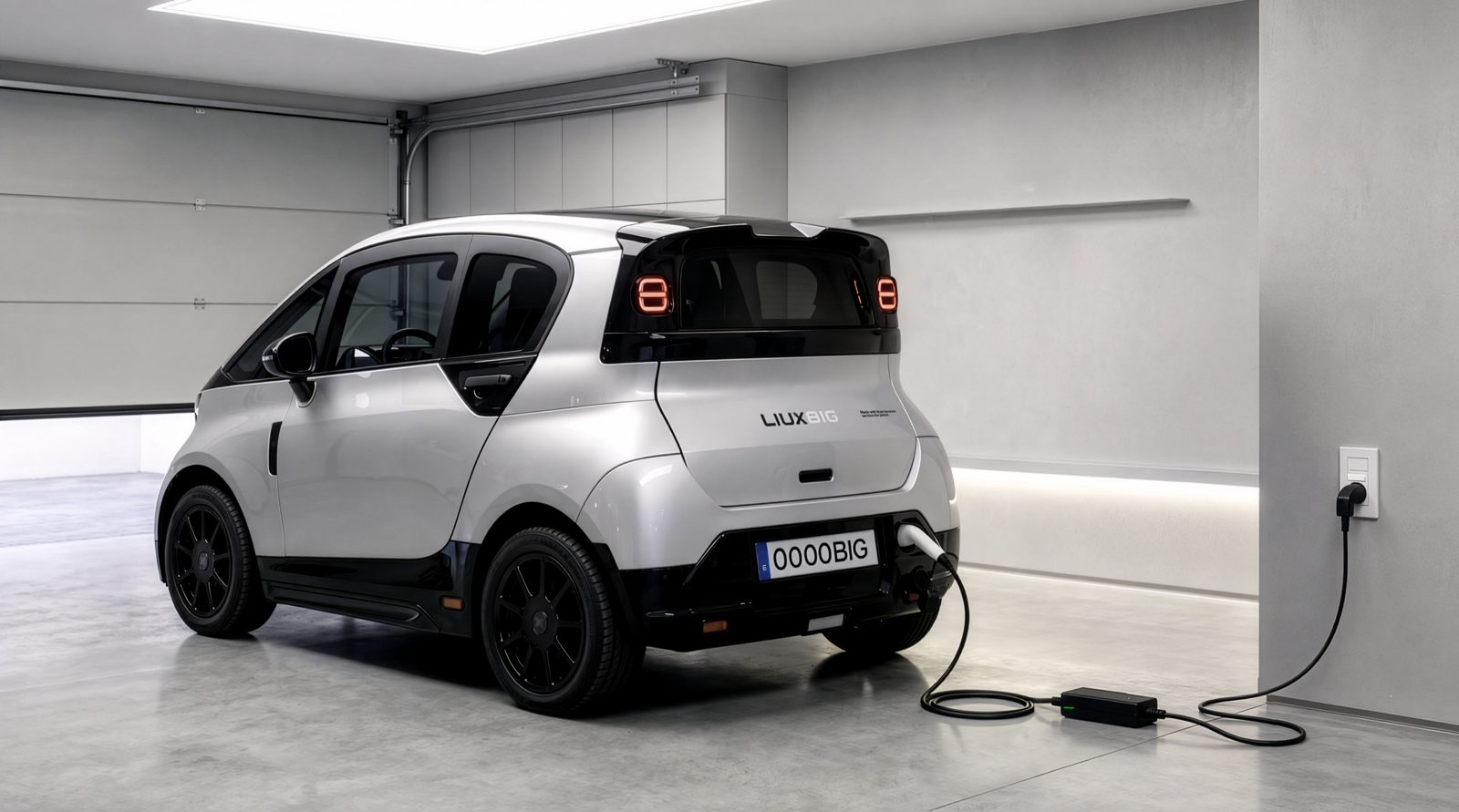 LIUX BIG en recharge sur une prise domestique dans un garage